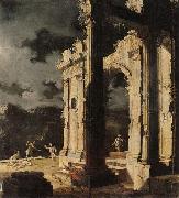 Leonardo Coccorante, An architectural capriccio with figures amongst ruins,under a stormy night sky